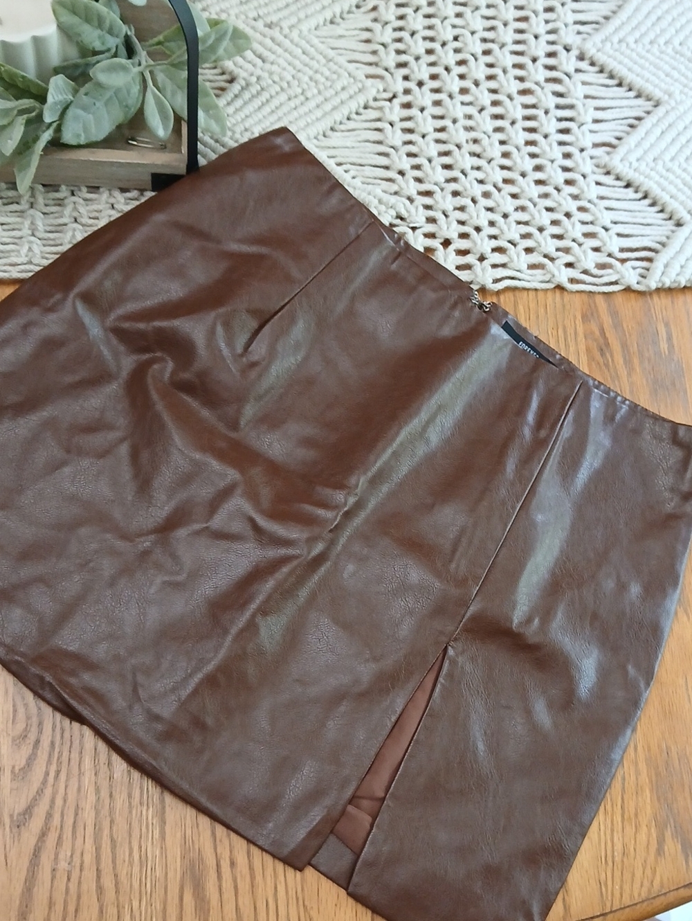 Forever 21 Brown Faux Leather Mini Skirt with Front Slit